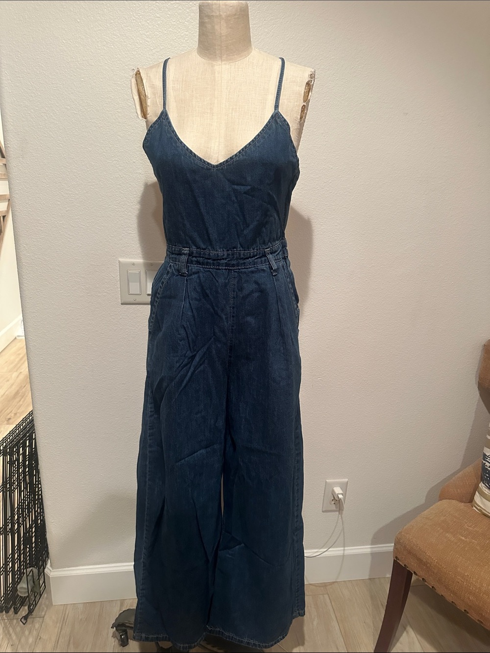 Denim Wide-Leg Spaghetti-Strap Overalls - Dark Blue